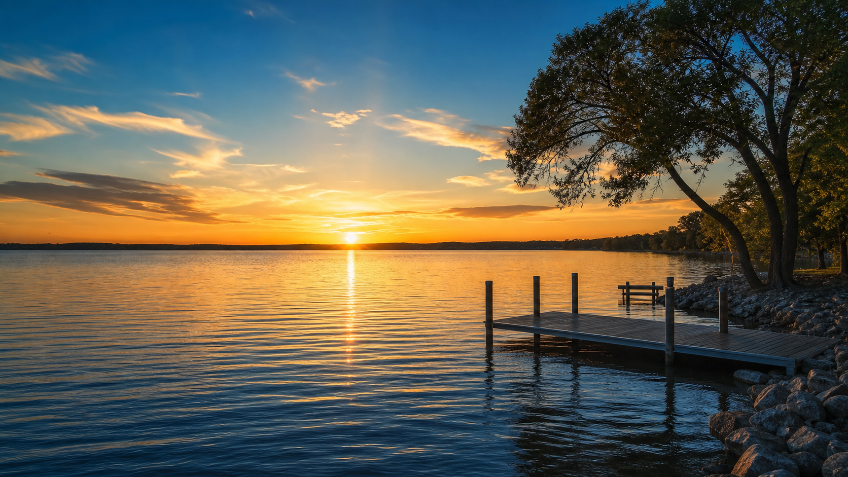Sunset over a quiet lake with a dock